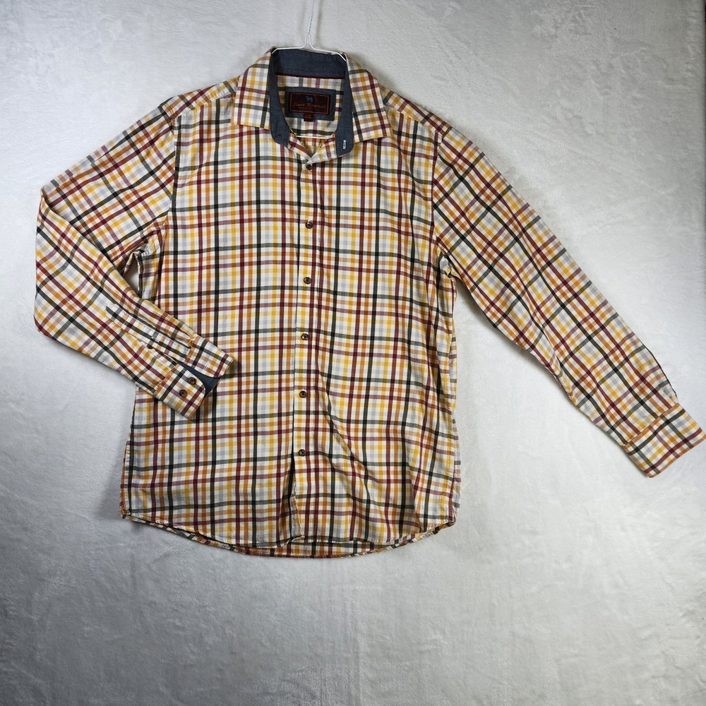 James Tattersall London Plaid‎ Button Down Shirt Mens Large Gold Burgundy